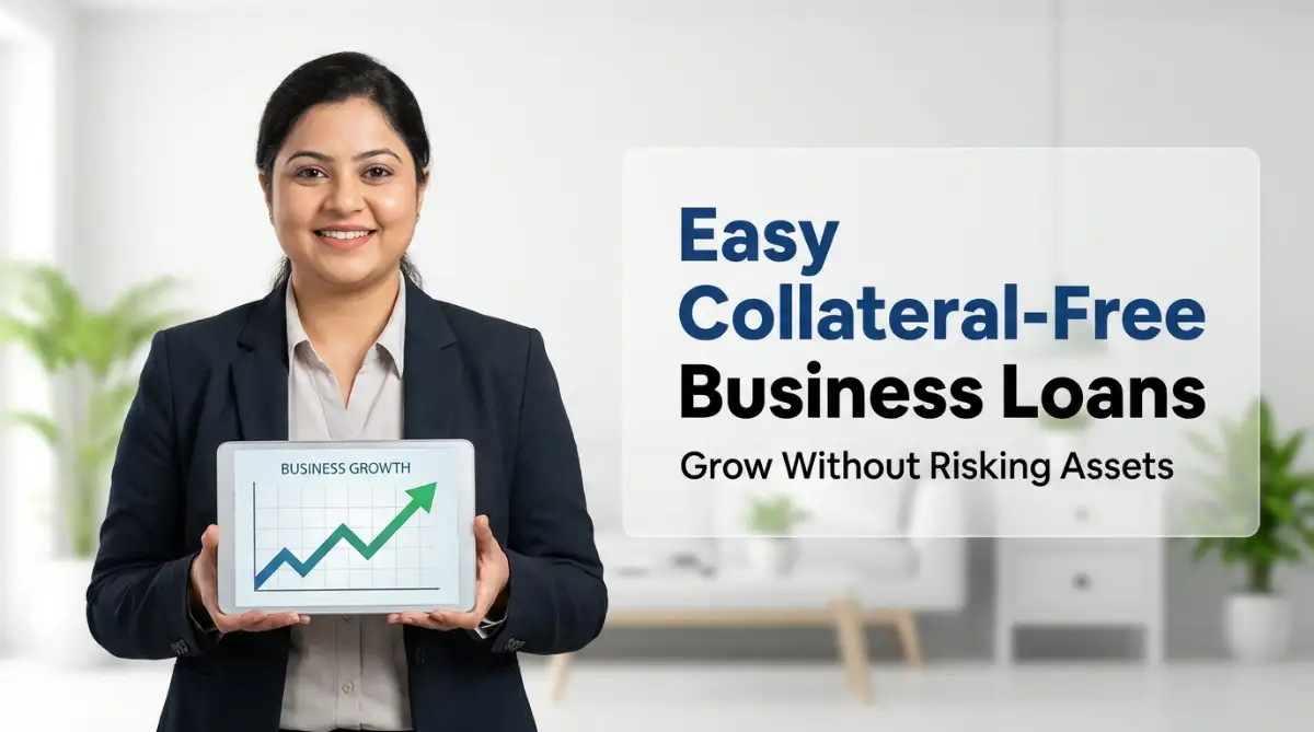 Easy collateral-free business loans for small businesses with a professional woman holding a financial growth chart, promoting secure financing without risking assets.