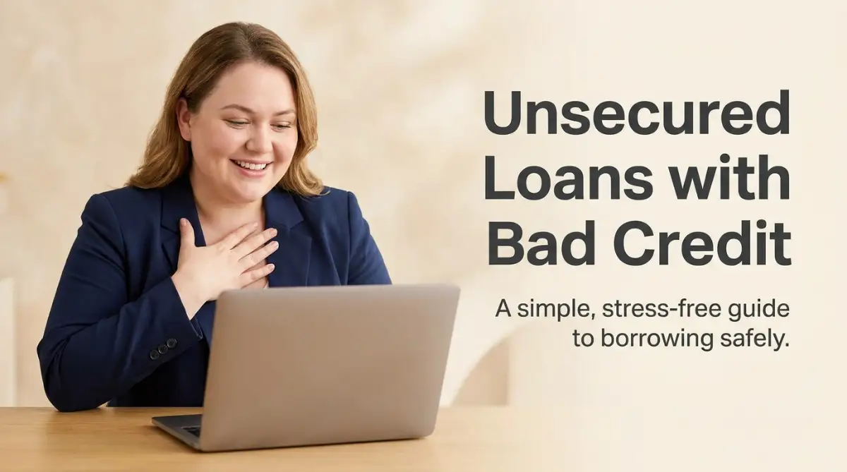Woman using a laptop while exploring unsecured loans with bad credit, representing safe borrowing options and financial assistance for poor credit borrowers.
