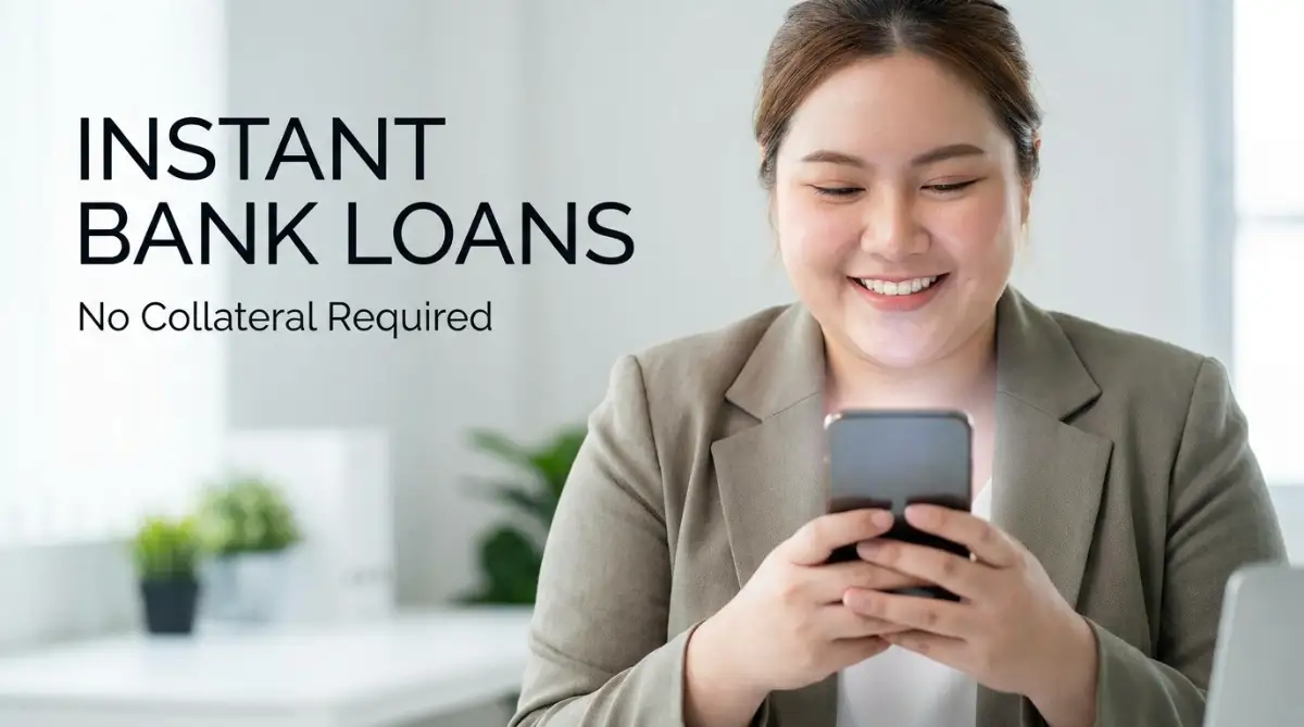 Instant bank loans with no collateral required – smiling woman using smartphone to apply for a quick personal loan online.