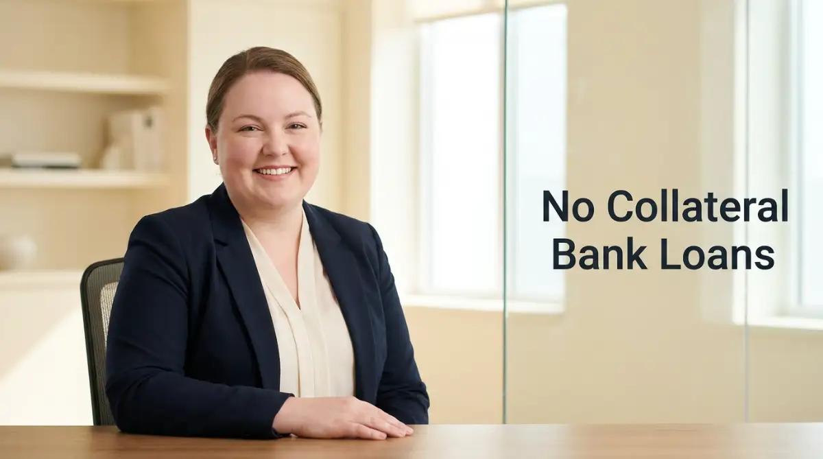 A professional female model with a fair round face sitting in a brightly lit office, representing a guide on how to get the best bank loans with no collateral required.