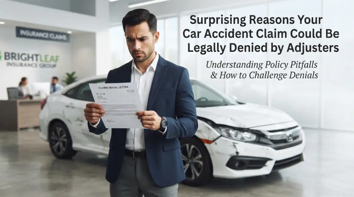 A smart young man looking stressed while reading a car accident claim denial letter from an insurance adjuster in front of a damaged vehicle.