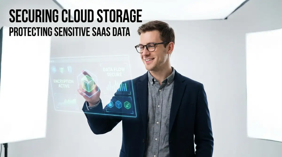 A smart male IT professional confidently managing secure cloud storage and protecting sensitive SaaS data on a glowing transparent dashboard.