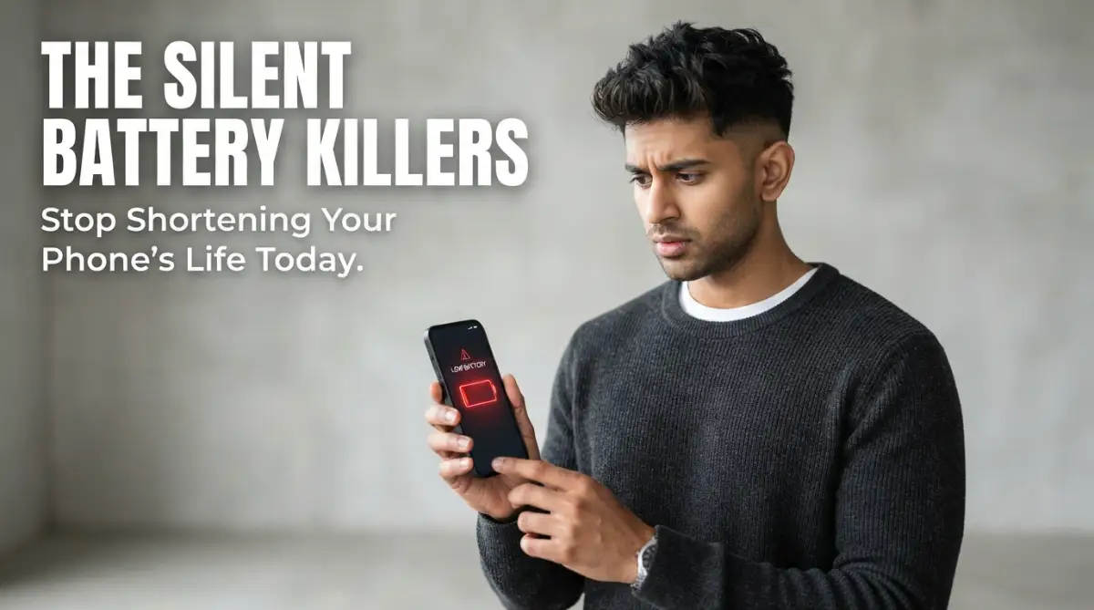 A professional photo of a man holding a phone with a low battery warning, illustrating smartphone battery killers.