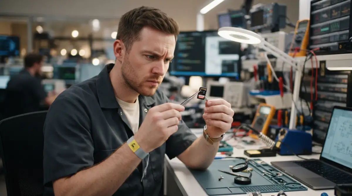 A young male tech specialist handling flash media safely to prevent dangerous sd card recovery mistakes from permanently destroying user data.