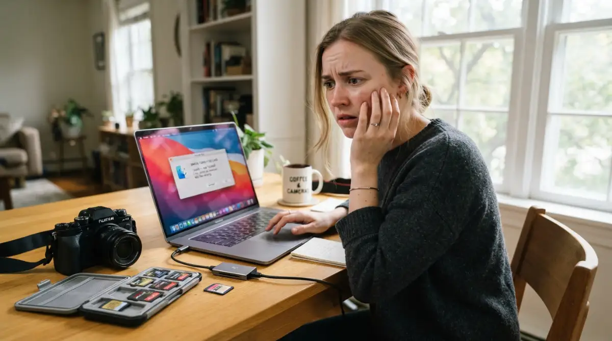 A round-faced female creator sitting at her computer trying to fix an unreadable memory card after encountering bad sd card recovery mistakes.