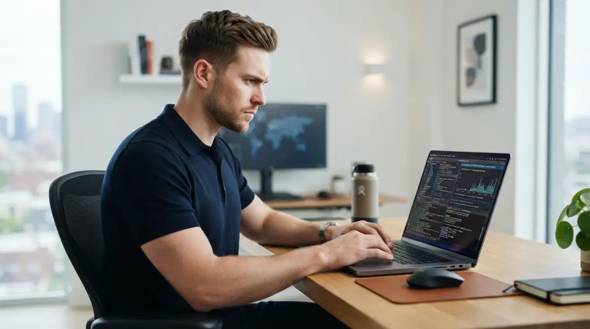 A young man seriously typing on his laptop to secure his compromised device and reset passwords after accidentally engaging with a spam message.