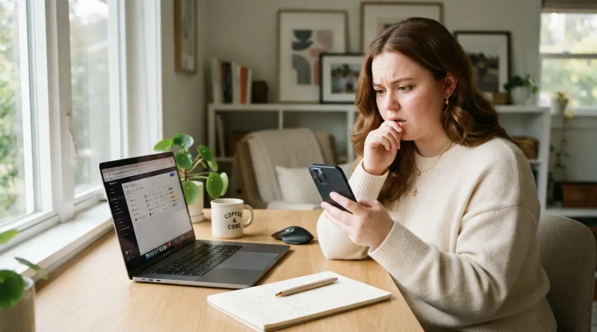 A concerned young woman looking at her phone screen after realizing the consequences of an accidental link click, highlighting the emotional stress of online scams.